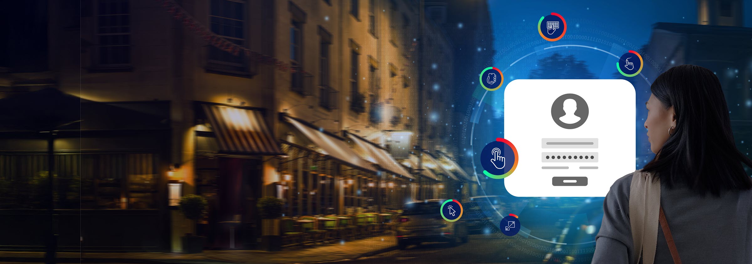 Mulher caminhando pela rua com inteligência comportamental em segundo plano