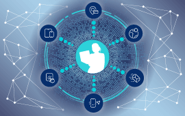 Pessoa em seu laptop com sobreposição de gráficos