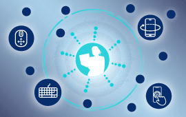 Pessoa digitando em seu laptop com sobreposição gráfica